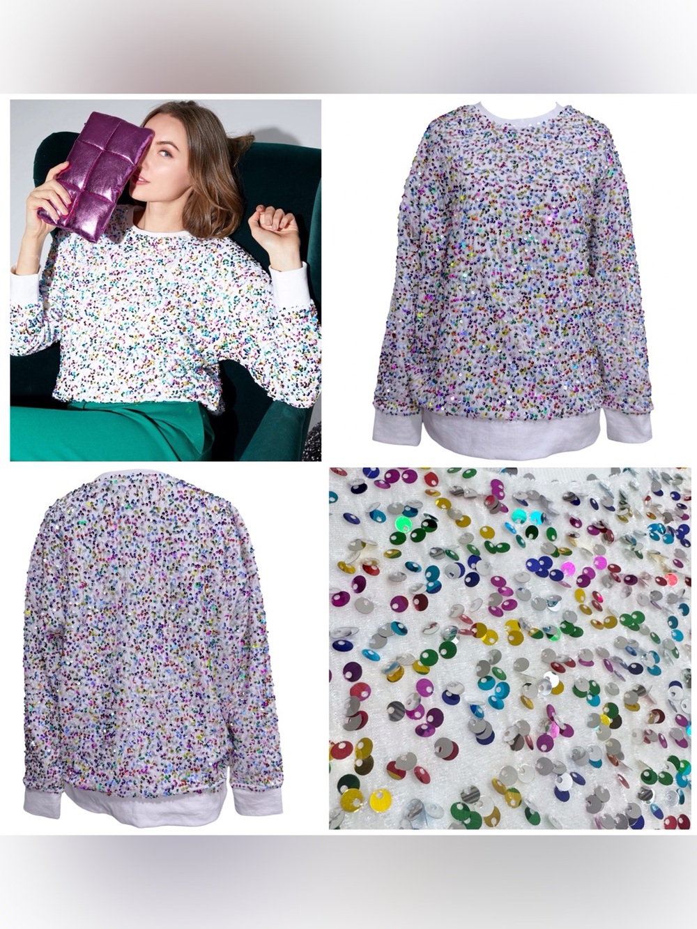 Shiraleah Fiesta Sequined Sweatshirt in White Size Medium NEW Multi Color